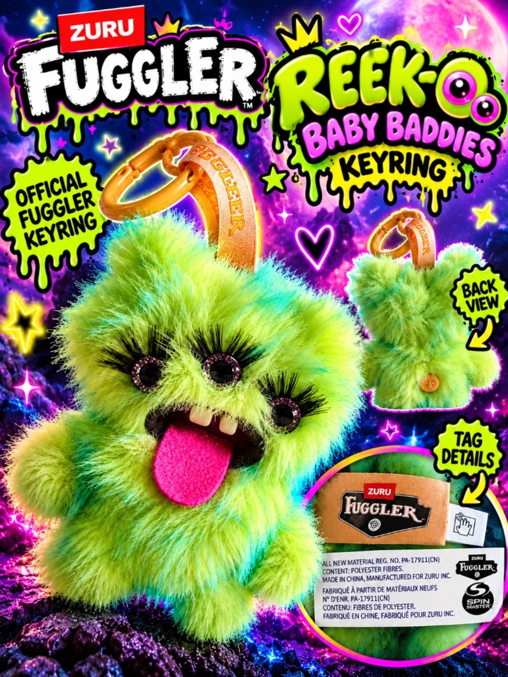 Fuggler Reek-O Baby Baddies Keyring Green Plush Keychain ZURU